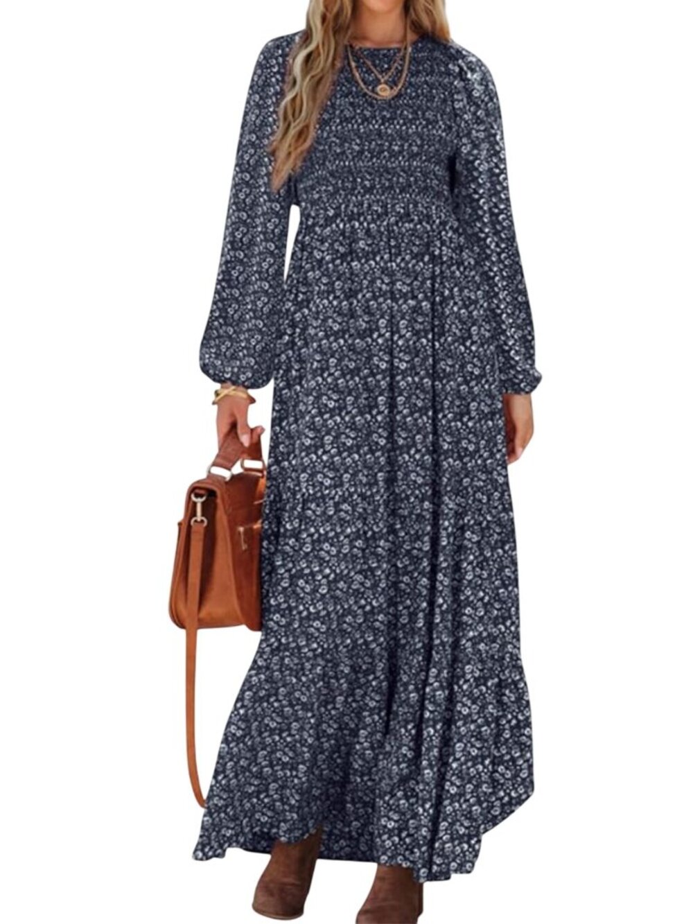 Navy Blue Ditsy Floral Smocked Long Sleeve Tiered Maxi Dress Pockets Size XXL 2X